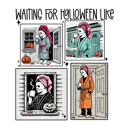 Una peculiar ilustración con temática de Halloween que presenta un personaje con varias batas de baño y una toalla, disfrutando de bebidas entre calabazas.