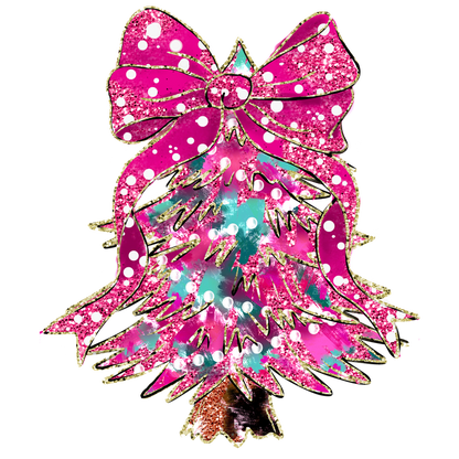 Celebrate the holidays with this vibrant, glittery pink Christmas tree adorned with a big bow and sparkling decorations!DTF Transfers dtf transfers