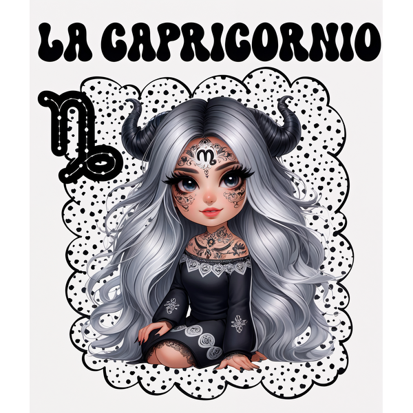 Una ilustración caprichosa de una niña con cabello largo plateado y detalles de cuernos, que presenta tatuajes intrincados y encarna el signo zodiacal de Capricornio.