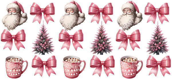 A festive collection featuring Santa, pink bows, pink Christmas trees, and mugs of hot cocoa, perfect for holiday decor.UV Transfers dtf transfers