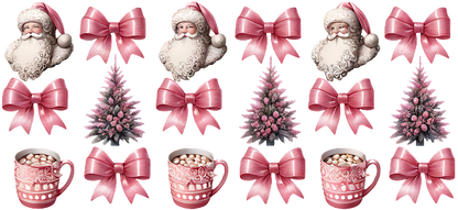 A festive collection featuring Santa, pink bows, pink Christmas trees, and mugs of hot cocoa, perfect for holiday decor.UV Transfers dtf transfers