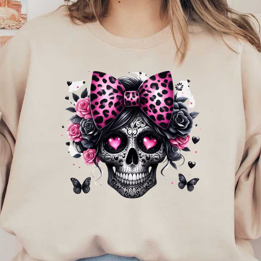 Una calavera bellamente decorada con un lazo con estampado de leopardo rosa, rodeada de rosas y mariposas vibrantes, que irradia una vibra divertida.