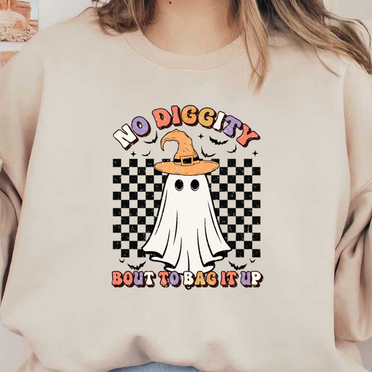 This whimsical design features a playful ghost wearing a witch hat, accompanied by the fun phrase "No Diggity, Bout to Bag It Up."