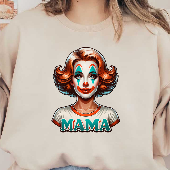 Una divertida ilustración de payaso que presenta una alegre figura con maquillaje colorido, cabello peinado y una camiseta que muestra audazmente la palabra "MAMA".