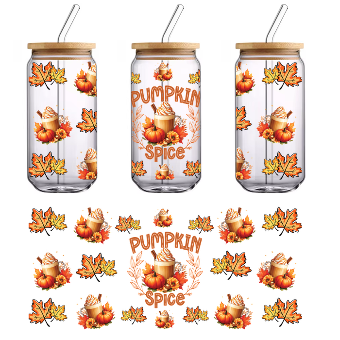 A vibrant autumn-themed design featuring pumpkin spice drinks, colorful leaves, and pumpkins, perfect for celebrating the fall season.UV Transfers dtf transfers