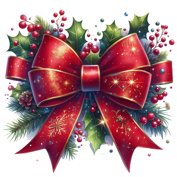 A festive, luxurious red bow adorned with gold accents, surrounded by holly and berries, perfect for Christmas decorations.dtf regular iron