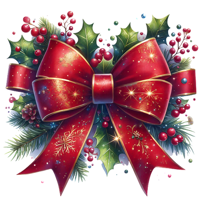 A festive, luxurious red bow adorned with gold accents, surrounded by holly and berries, perfect for Christmas decorations.dtf regular iron