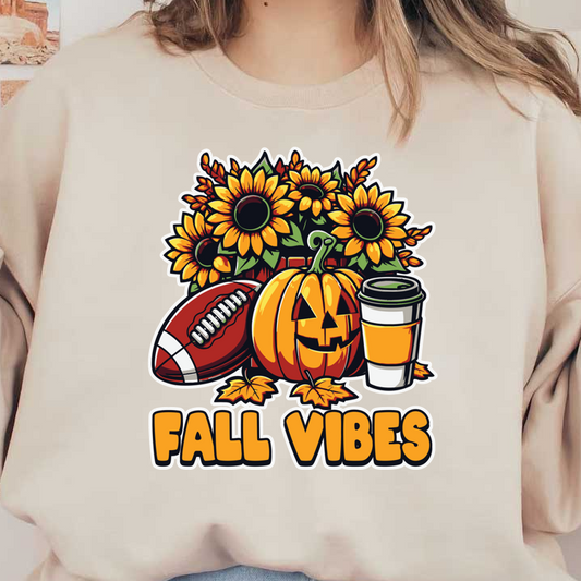 Celebrate fall with a vibrant design featuring sunflowers, a smiling pumpkin, a football, and a cozy cup of coffee! dtf transfers