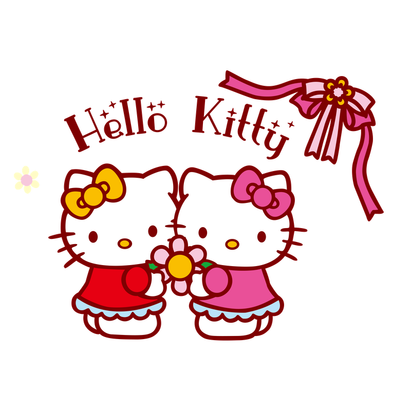 Adorable illustration of two Hello Kitty characters holding a flower, adorned with colorful bows and the playful text "Hällö Kittij."DTF Transfers