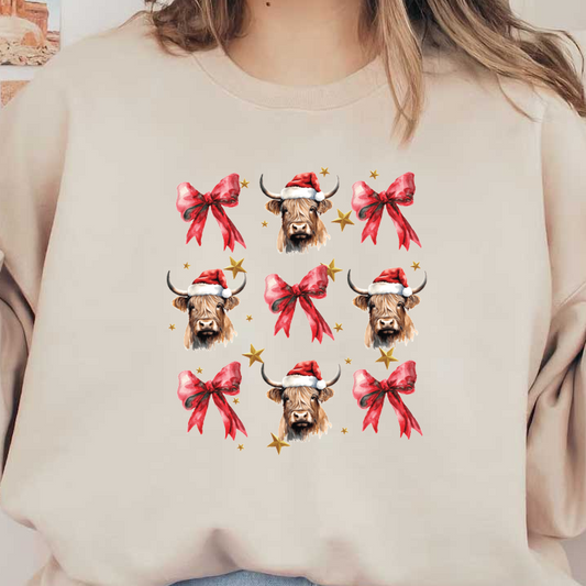 A festive design featuring Highland cows in Santa hats, surrounded by vibrant bows and stars, perfect for holiday cheer. dtf transfers