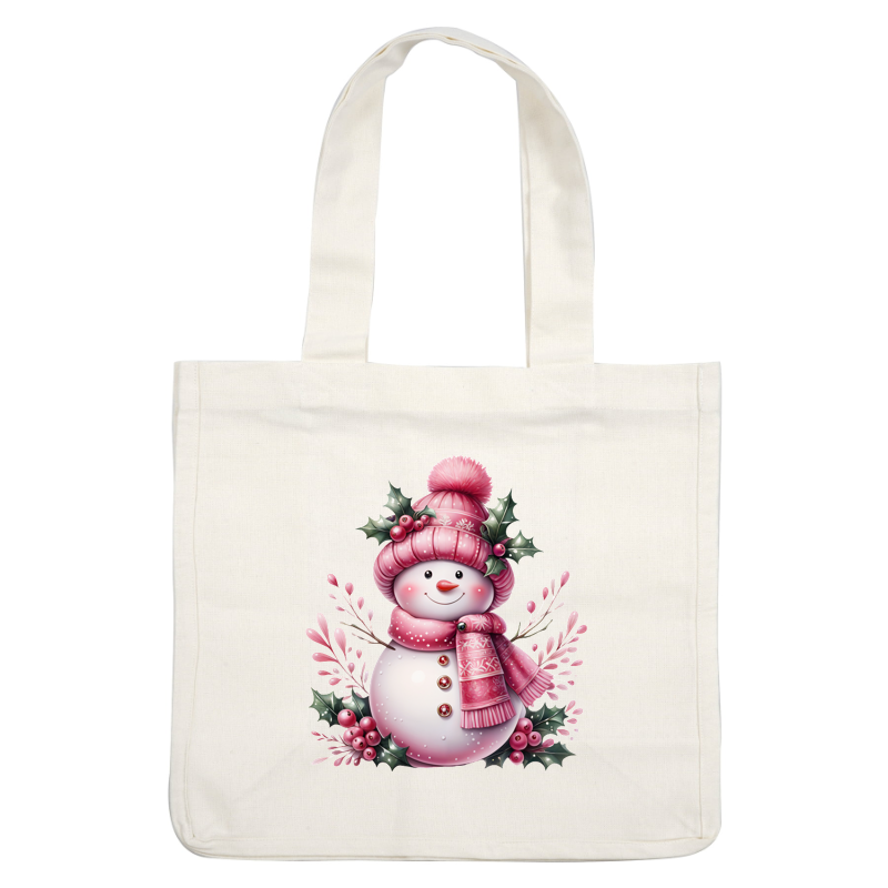 A cheerful pink snowman adorned with a cozy hat and scarf, surrounded by festive holly and berries, perfect for the holidays.dtf regular iron