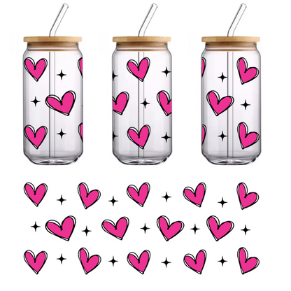 A cheerful pattern featuring vibrant pink hearts scattered on a black background, perfect for adding a touch of love!UV Transfers heat press transfers