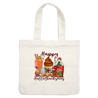 Celebrate the festive season with a whimsical "Happy HalloThanksMas" illustration featuring playful autumn and Halloween elements.dtf regular iron