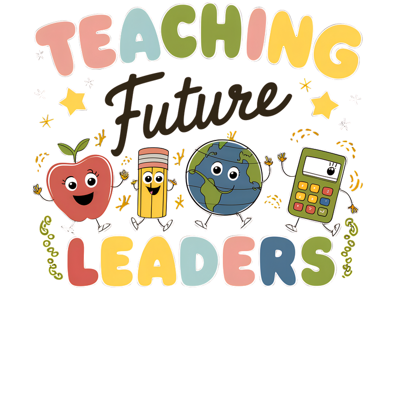A cheerful and colorful design featuring an apple, pencil, globe, and calculator with the phrase "Teaching Future Leaders."DTF Transfers