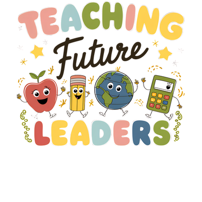 A cheerful and colorful design featuring an apple, pencil, globe, and calculator with the phrase "Teaching Future Leaders."DTF Transfers