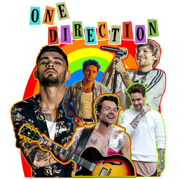 Un collage vibrante que presenta a los miembros de One Direction sobre un fondo de arcoíris colorido, mostrando sus diversos estilos y talentos musicales. Transferencias DTF