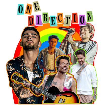 Un collage vibrante que presenta a los miembros de One Direction sobre un fondo de arcoíris colorido, mostrando sus diversos estilos y talentos musicales. Transferencias DTF