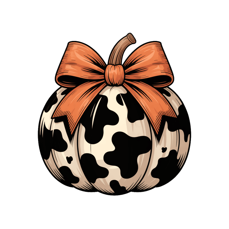 A whimsical black-and-white cow-patterned pumpkin adorned with a vibrant orange bow.DTF Transfers