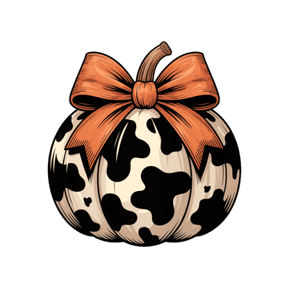 A whimsical black-and-white cow-patterned pumpkin adorned with a vibrant orange bow.DTF Transfers
