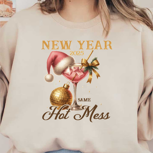 Celebrate New Year's 2025 with a playful design featuring a festive cocktail, Santa hat, and a shimmering disco ball!DTF Transfers