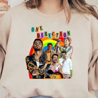 Un collage vibrante que presenta a los miembros de One Direction sobre un fondo de arcoíris colorido, mostrando sus diversos estilos y talentos musicales. Transferencias DTF