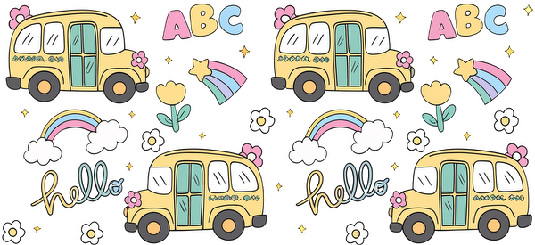 A cheerful illustration featuring two yellow buses surrounded by colorful flowers, rainbows, stars, and playful text elements.UV Transfers heat press transfersdtf regular iron