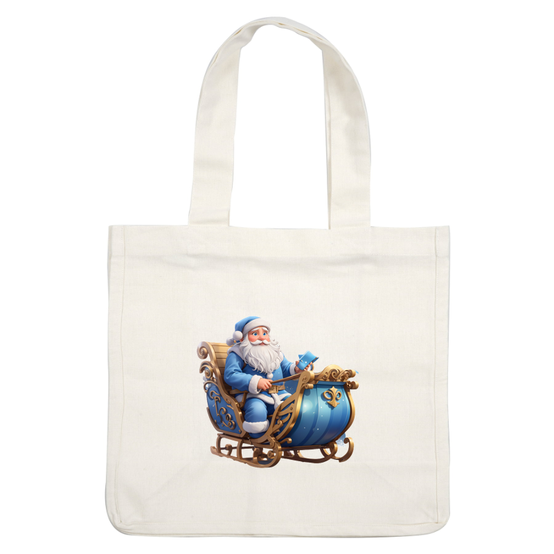 A cheerful Santa in a decorative blue sleigh holds a mug and looks ready for holiday adventures.DTF Transfers dtf transfers