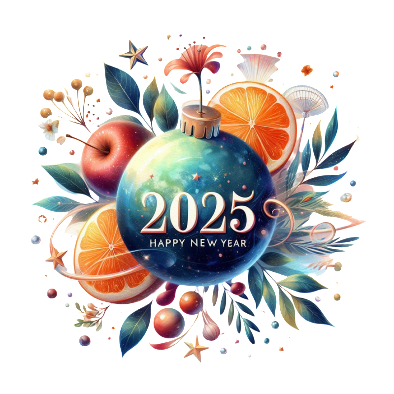 Celebrate the New Year with this vibrant design featuring a decorative ornament, fresh fruits, and the message "2025 Happy New Year."DTF Transfers