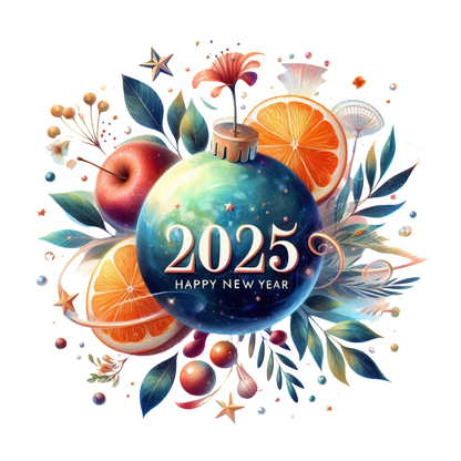 Celebrate the New Year with this vibrant design featuring a decorative ornament, fresh fruits, and the message "2025 Happy New Year."DTF Transfers