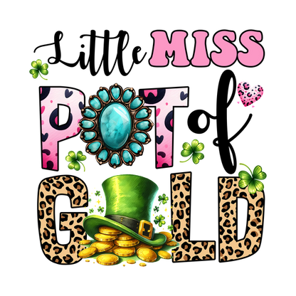 Un diseño vibrante y divertido que presenta a "Miss Pot of Gold", adornada con un sombrero de duende, monedas de oro y un divertido estampado de leopardo.