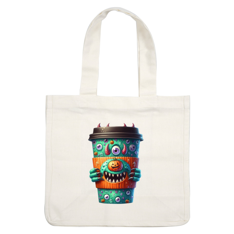 ¡Esta divertida taza de café presenta un diseño de monstruo con colores brillantes, ojos divertidos y una calabaza alegre, perfecta para Halloween!