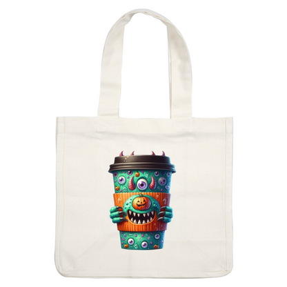 ¡Esta divertida taza de café presenta un diseño de monstruo con colores brillantes, ojos divertidos y una calabaza alegre, perfecta para Halloween!