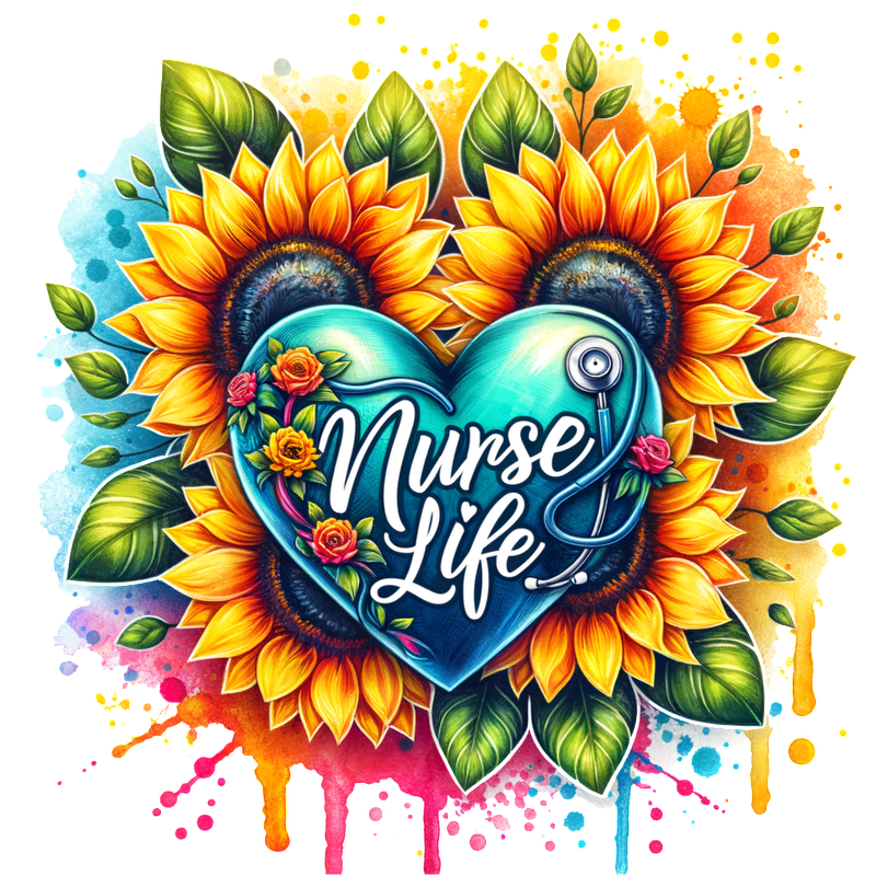 A vibrant and colorful design featuring a heart and sunflowers, celebrating the "Nurse Life" with floral accents and a stethoscope.DTF Transfers