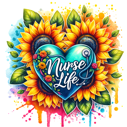 A vibrant and colorful design featuring a heart and sunflowers, celebrating the "Nurse Life" with floral accents and a stethoscope.DTF Transfers