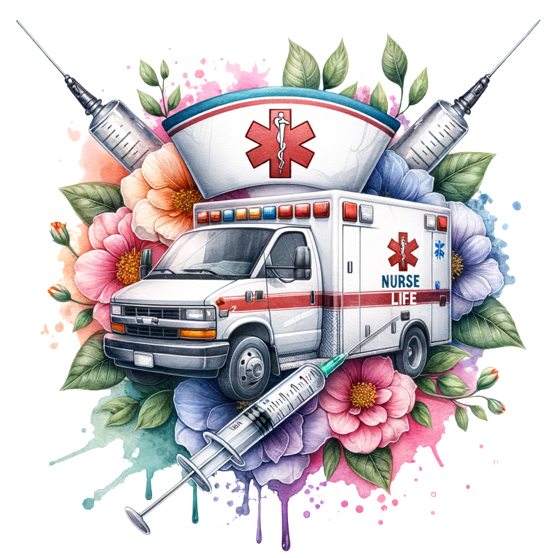 A vibrant illustration featuring an ambulance surrounded by colorful flowers and syringes, celebrating the dedication of nurses.DTF Transfers