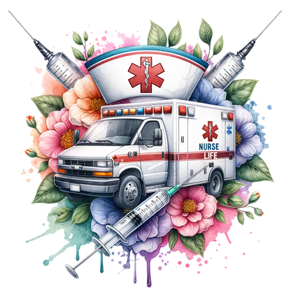 A vibrant illustration featuring an ambulance surrounded by colorful flowers and syringes, celebrating the dedication of nurses.DTF Transfers