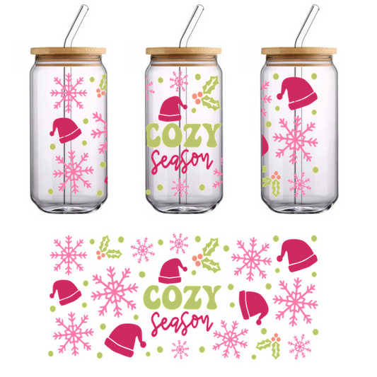 Celebrate the warmth of winter with this cheerful "Cozy Season" design featuring festive hats, snowflakes, and holly.UV Transfers