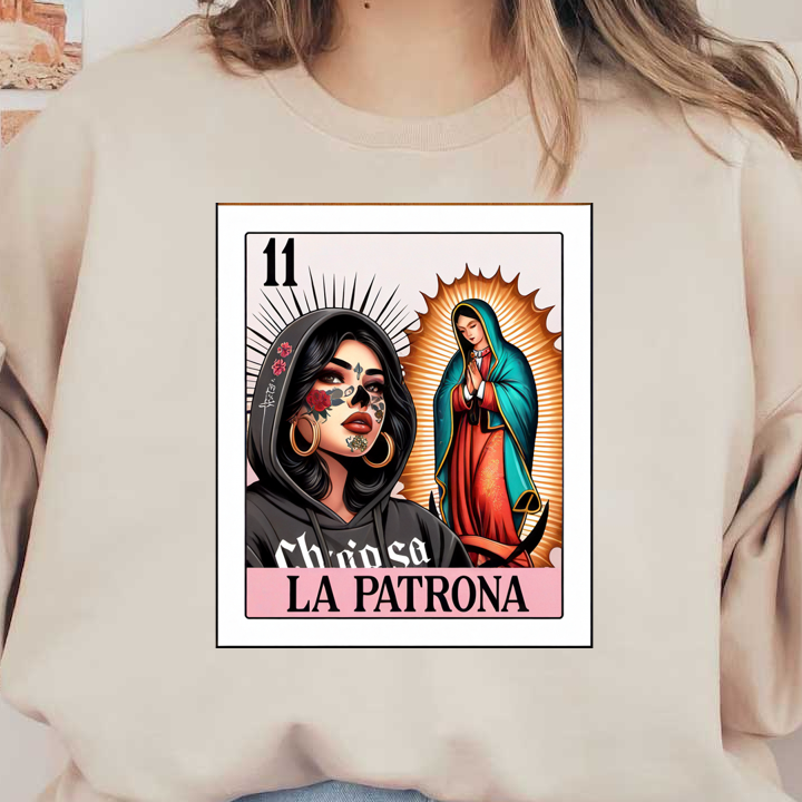 Una ilustración vibrante que presenta a una mujer con un diseño de calavera floral, vistiendo una sudadera con capucha, junto a una imagen de la Virgen María.