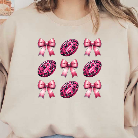 A cheerful pattern featuring pink bows and leopard print eggs adorned with pink ribbons, celebrating breast cancer awareness.dtf regular iron