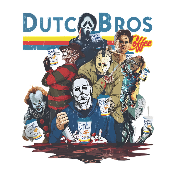 Una ilustración vibrante que presenta personajes de terror icónicos disfrutando del café Dutch Bros, combinando diversión con elementos espeluznantes para un diseño único.