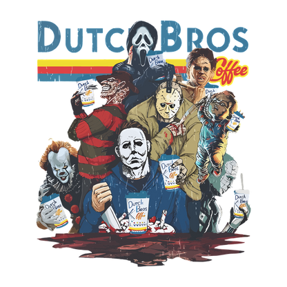 Una ilustración vibrante que presenta personajes de terror icónicos disfrutando del café Dutch Bros, combinando diversión con elementos espeluznantes para un diseño único.