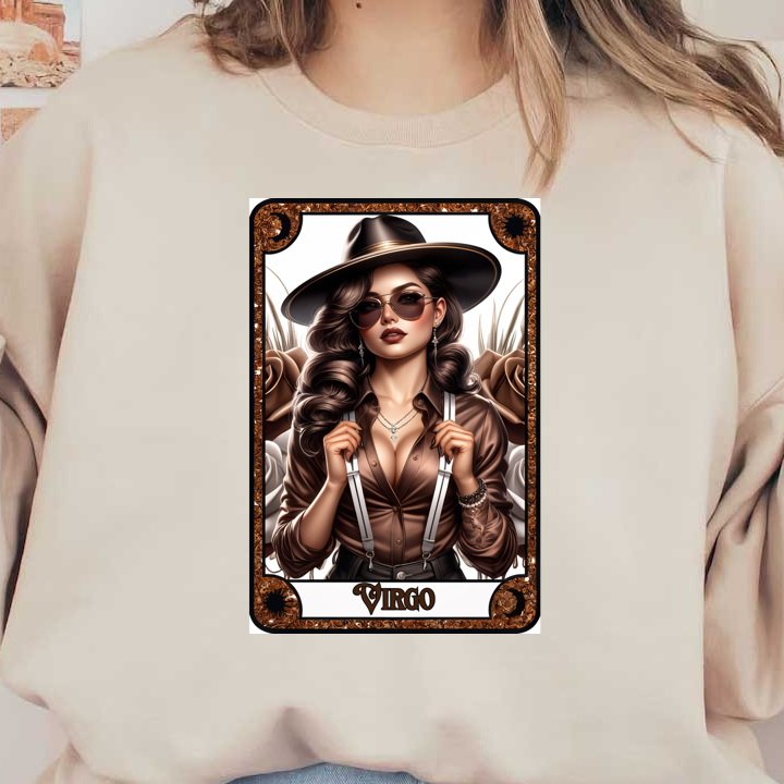 Personaje de Virgo elegantemente representado con una camisa marrón y un sombrero, complementado con gafas de sol, tirantes y joyas, sobre un fondo floral.