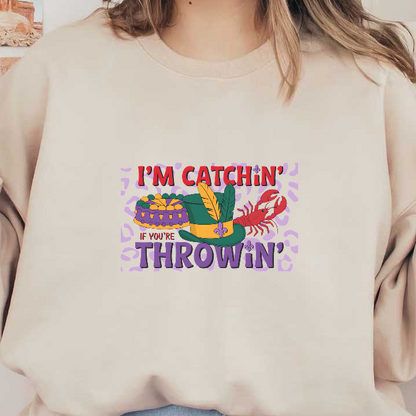 Celebrate Mardi Gras with this vibrant design featuring a colorful cake, festive hat, and a playful lobster, perfect for catching throws!DTF Transfers