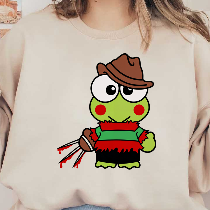 A cute, cartoonish green frog character dressed in a striped shirt and brown hat, holding a bloodied glove.DTF Transfersdtf regular iron