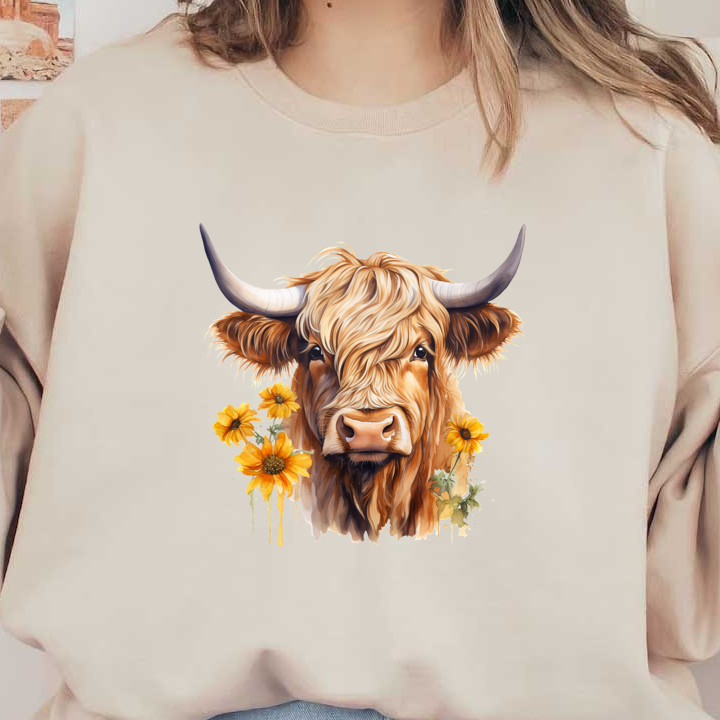 Una encantadora ilustración de una vaca de las Highlands adornada con vibrantes girasoles, que muestra su distintivo pelo largo y sus prominentes cuernos.