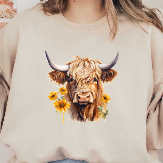 Una encantadora ilustración de una vaca de las Highlands adornada con vibrantes girasoles, que muestra su distintivo pelo largo y sus prominentes cuernos.