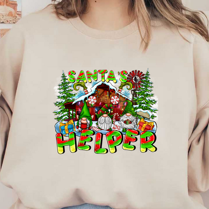 Celebrate the festive spirit with this colorful "Santa's Helper" design featuring cheerful gnomes, candy canes, and presents!DTF Transfers dtf prints