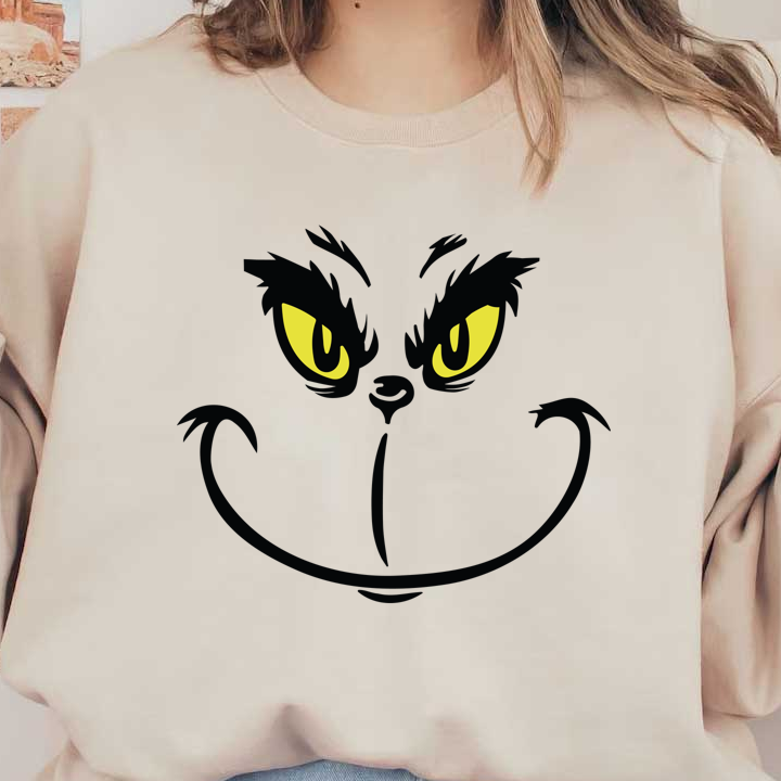 A mischievous, grinning cat face with striking yellow eyes and bold black outlines, embodying a playful, cheeky character.DTF Transfers heat press transfers dtf transfers