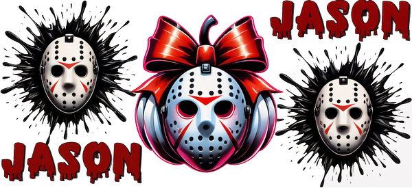 A vibrant graphic featuring Jason's iconic hockey mask adorned with a bow, surrounded by striking, edgy designs and bold text.UV Transfersdtf regular iron