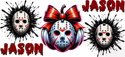 A vibrant graphic featuring Jason's iconic hockey mask adorned with a bow, surrounded by striking, edgy designs and bold text.UV Transfersdtf regular iron